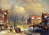 Canal Canvas Paintings - Winter Villagers on a Snowy Street by a Canal